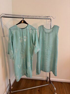 Soft turquoise blue thread embroidered raw silk two piece coat dress